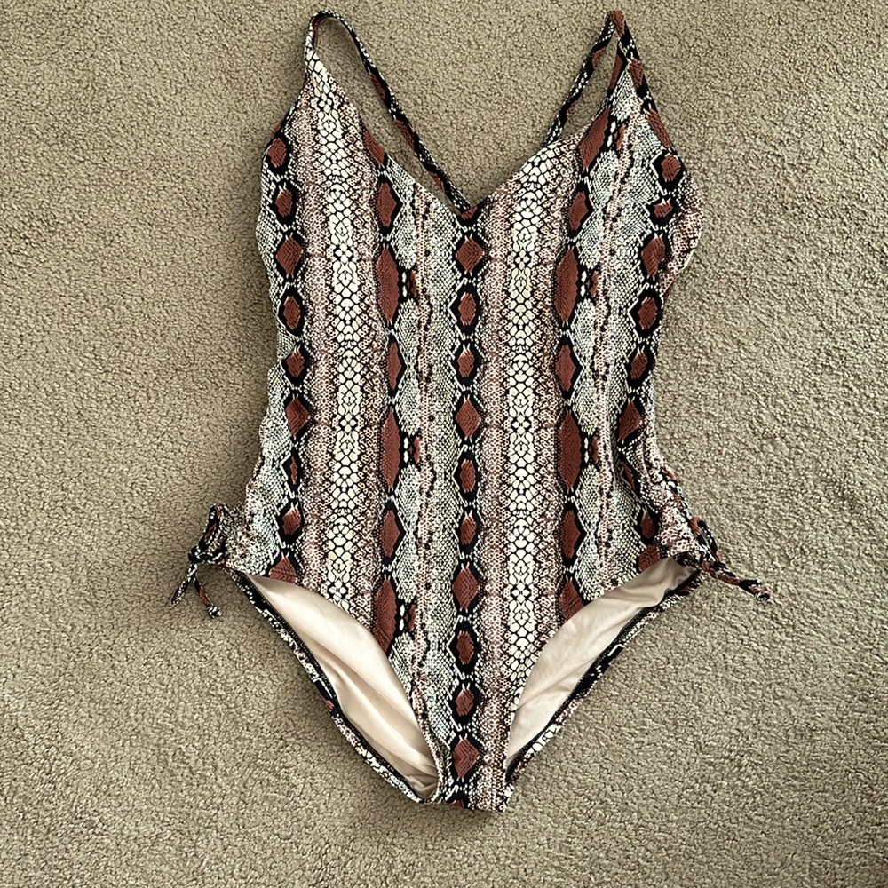 Women’s Snake-Print One-Piece Swimsuit in Brown